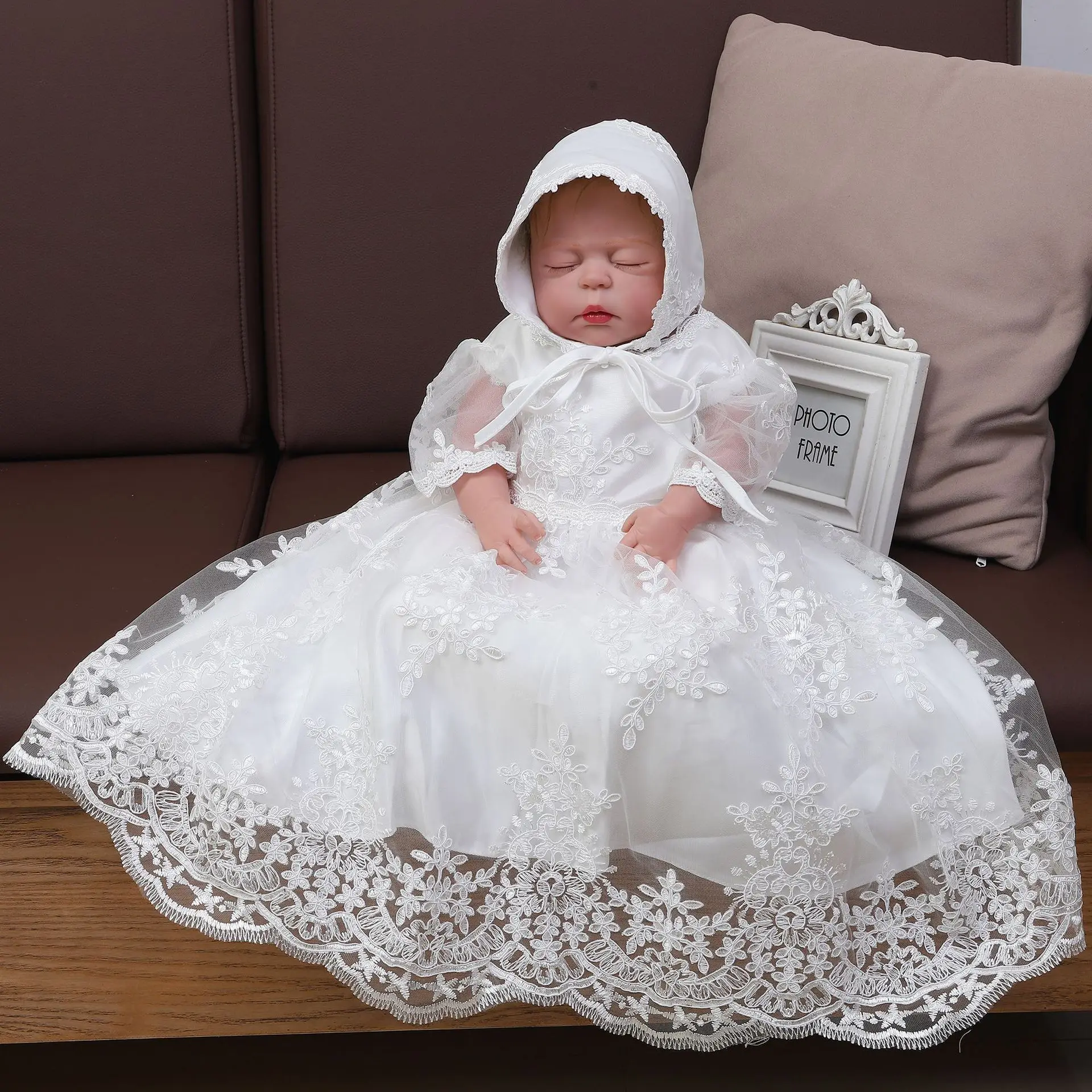Baby Princess Lace Long Dresses for Girls Newborn Girl Baptism Dress Vintage Clothing with Banner  2 PCs 1-2 Years