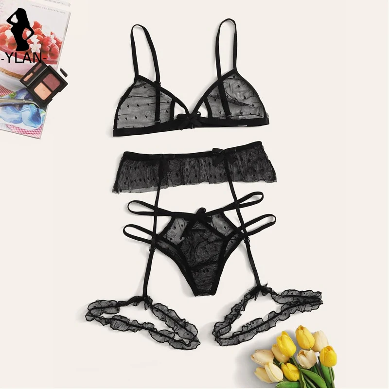 Bra set Women Sexy Mesh Lingerie Set Polka Dot Transparent Harness Lingerie Hollow Out Bralette+Garter+Thong 3pcs Underwear Set