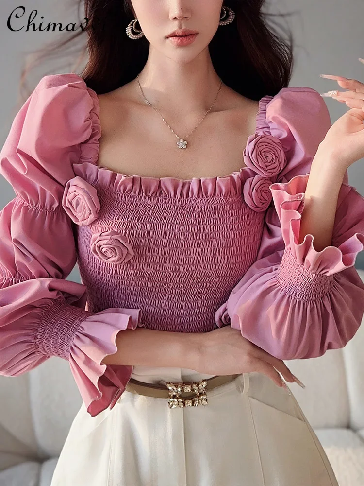 

French Elegant Commuter Pink 3D Flower Ruffles Square Collar Long Flare Sleeve Elastic Pleated Slim Fit Short Shirt Top Women