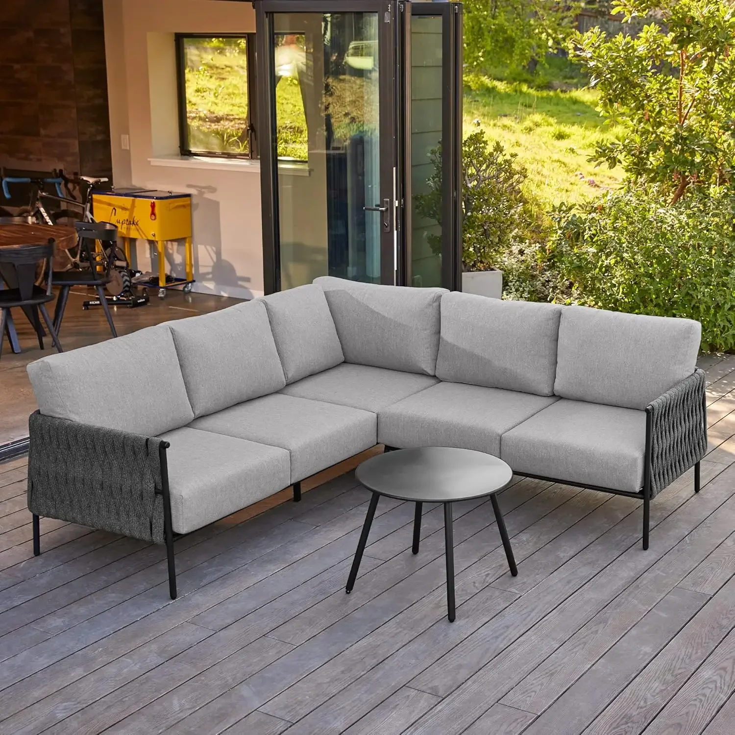 Life Chatter Outdoor Patio Furniture Set, L Shaped Corner Sofa Set with Round Coffee Table, 5 Seats Deep Seating with Thick