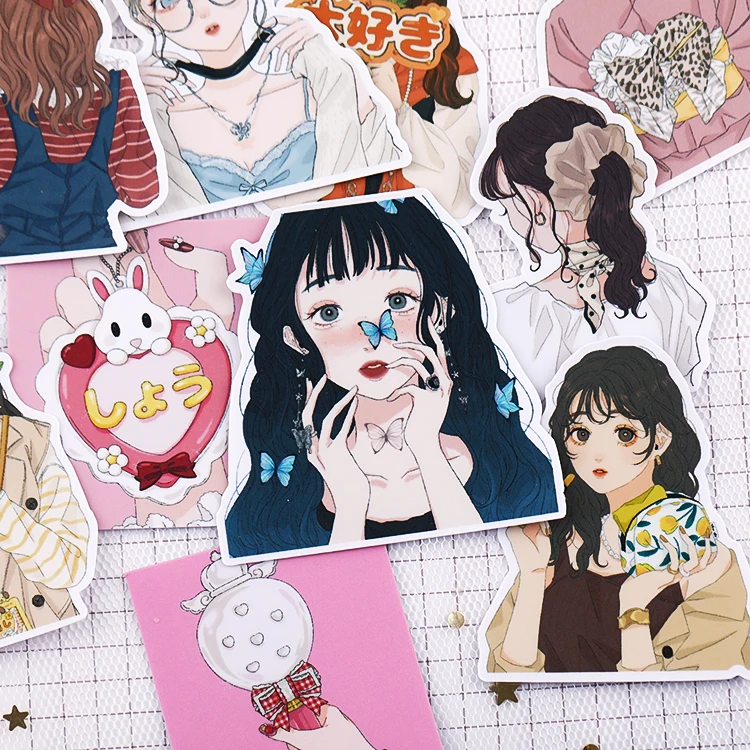 Pegatinas de 20 piezas para manualidades, pegatinas de dibujos animados, Anime, chica, flor, sombra, chica, corazón, lindo, Material decorativo