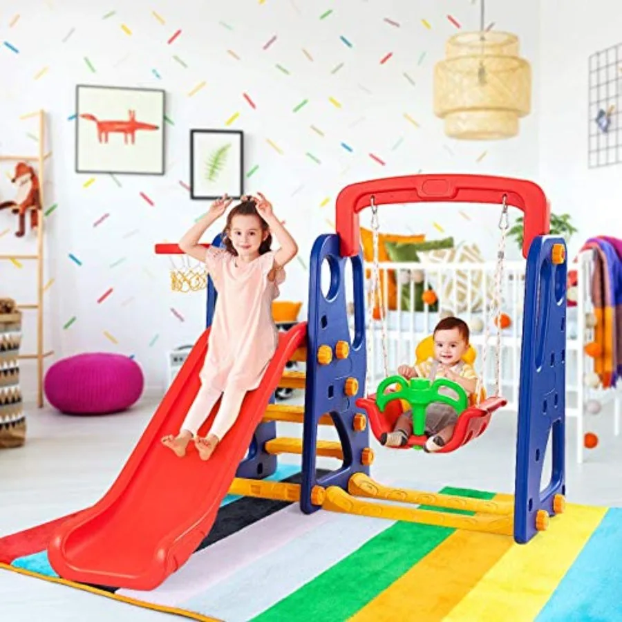 幼児用4in1スライド＆スイングセット、自立式クライマースライドプレイセット（男の子、女の子向け）、バスケットゴール付き、エクストラロングスライド