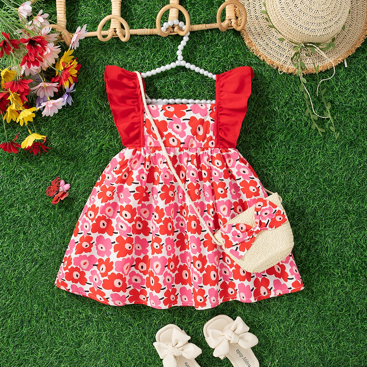 Baby Girl Dress Summer Girl Full Print Flower Cute Princess Dress Girl Beach Dress with Bag