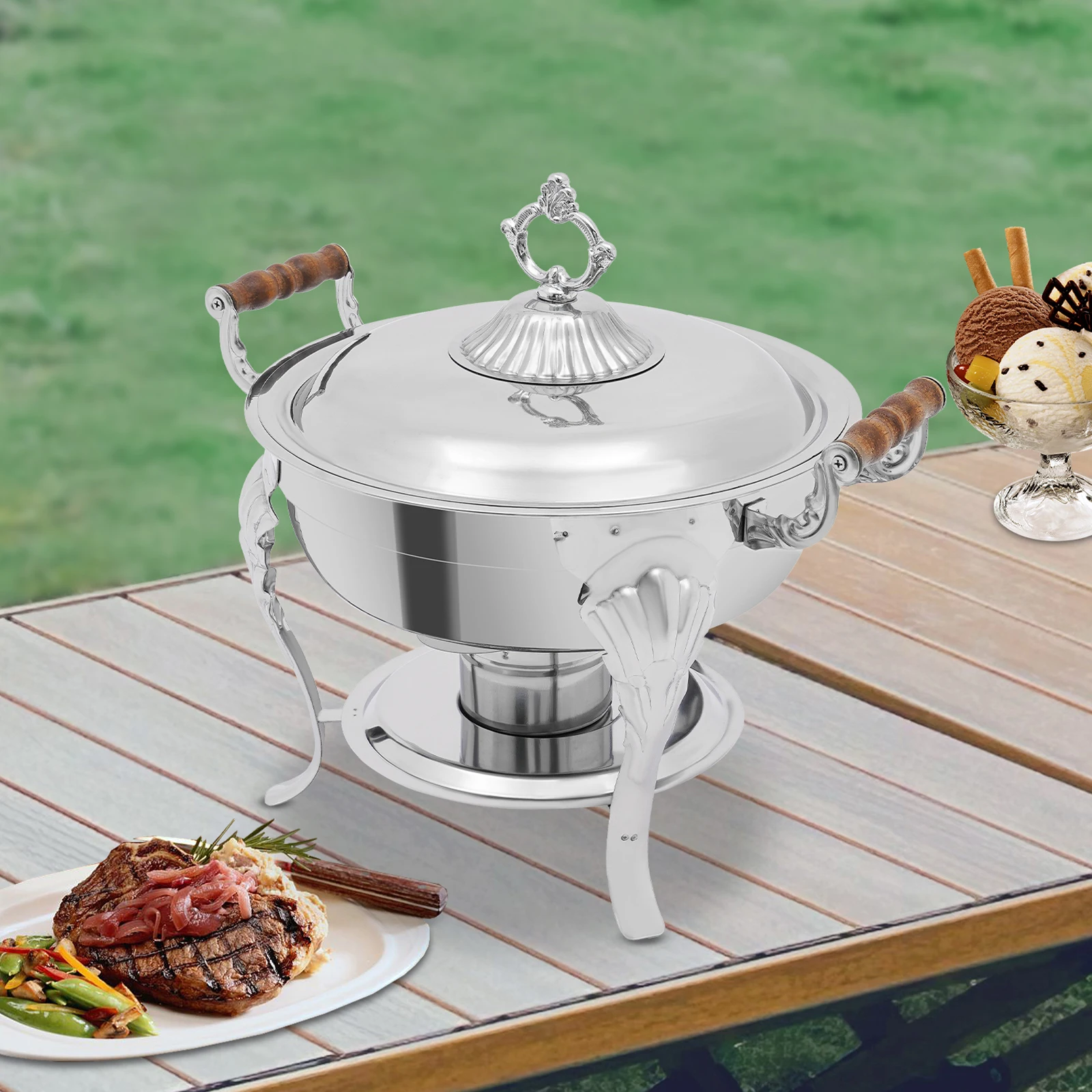 

Серебряная круглая жаровня, круглый буфет из нержавеющей стали с крышкой 43*40 см для хранения мяса, овощей