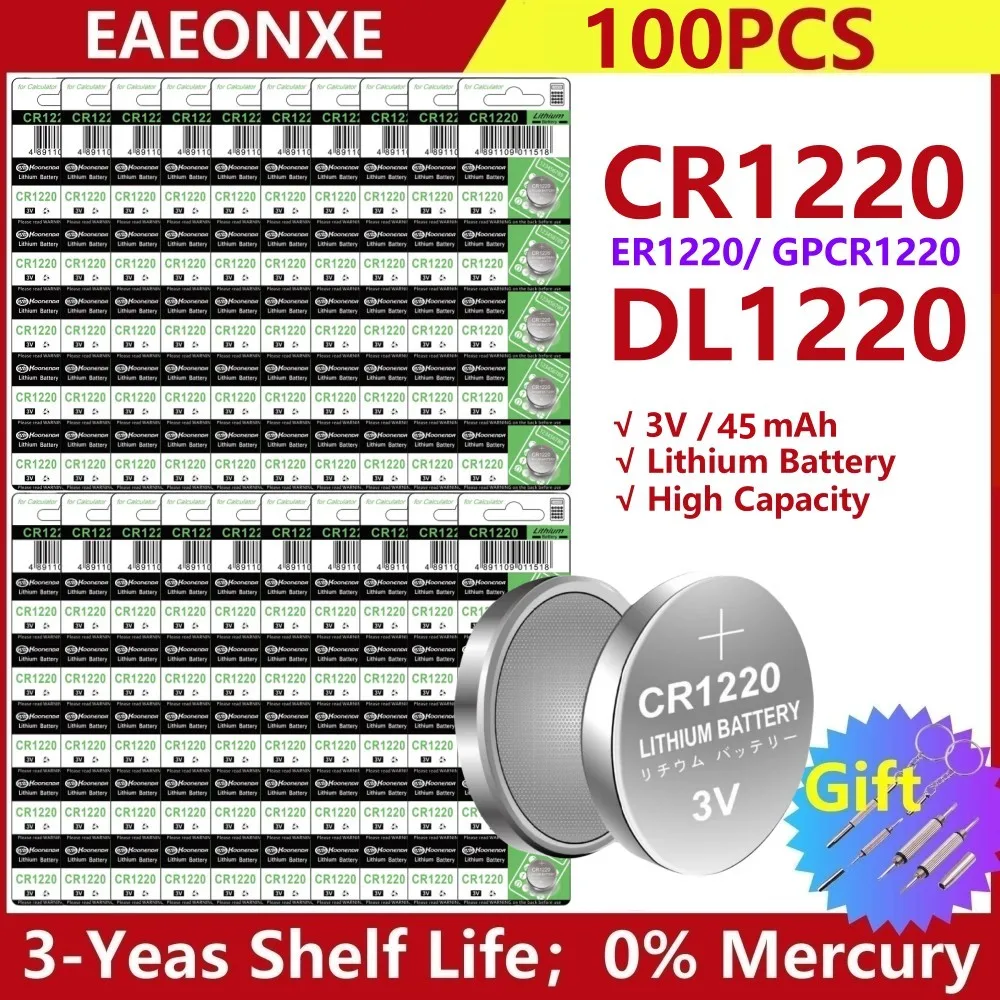 

100pcs CR1220 Button Cell Battery 3V CR 1220 BR1220 DL1220 LM1220 ECR1220 Lithium Battery for Car Key Remote Calculator