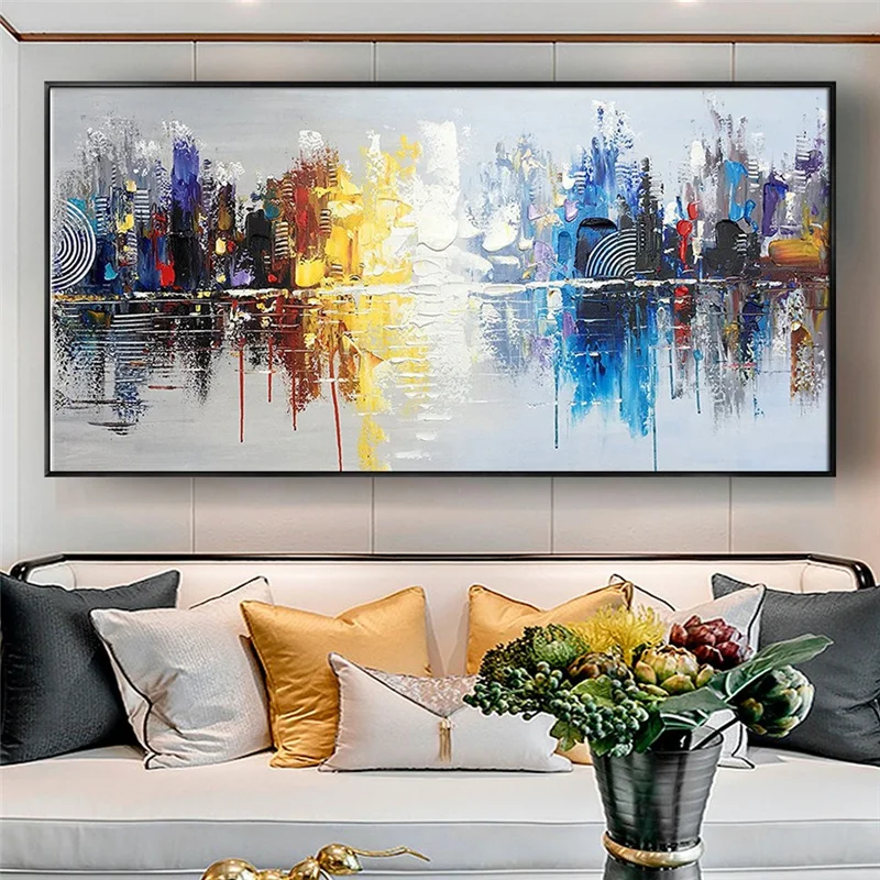 Abstract City Painting Decor Wall Image On Panel Large Vertical Modern 100% Handmade Canvas Oil Paintings Mural For Living Room