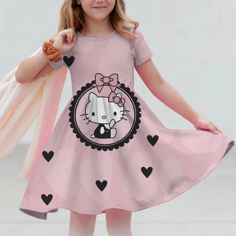 

2025 Girl Short-Sleeved Dress Cute Kuromi Hello Kitty print Skirt Summer New Clothes Original Brand Clothing Children's sleep