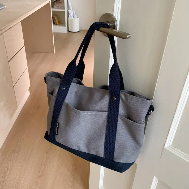 

Новая холщовая сумка-тоут в японском стиле с несколькими карманами для женщин, школьные сумки на плечо, удобные и универсальные сумки для хранения