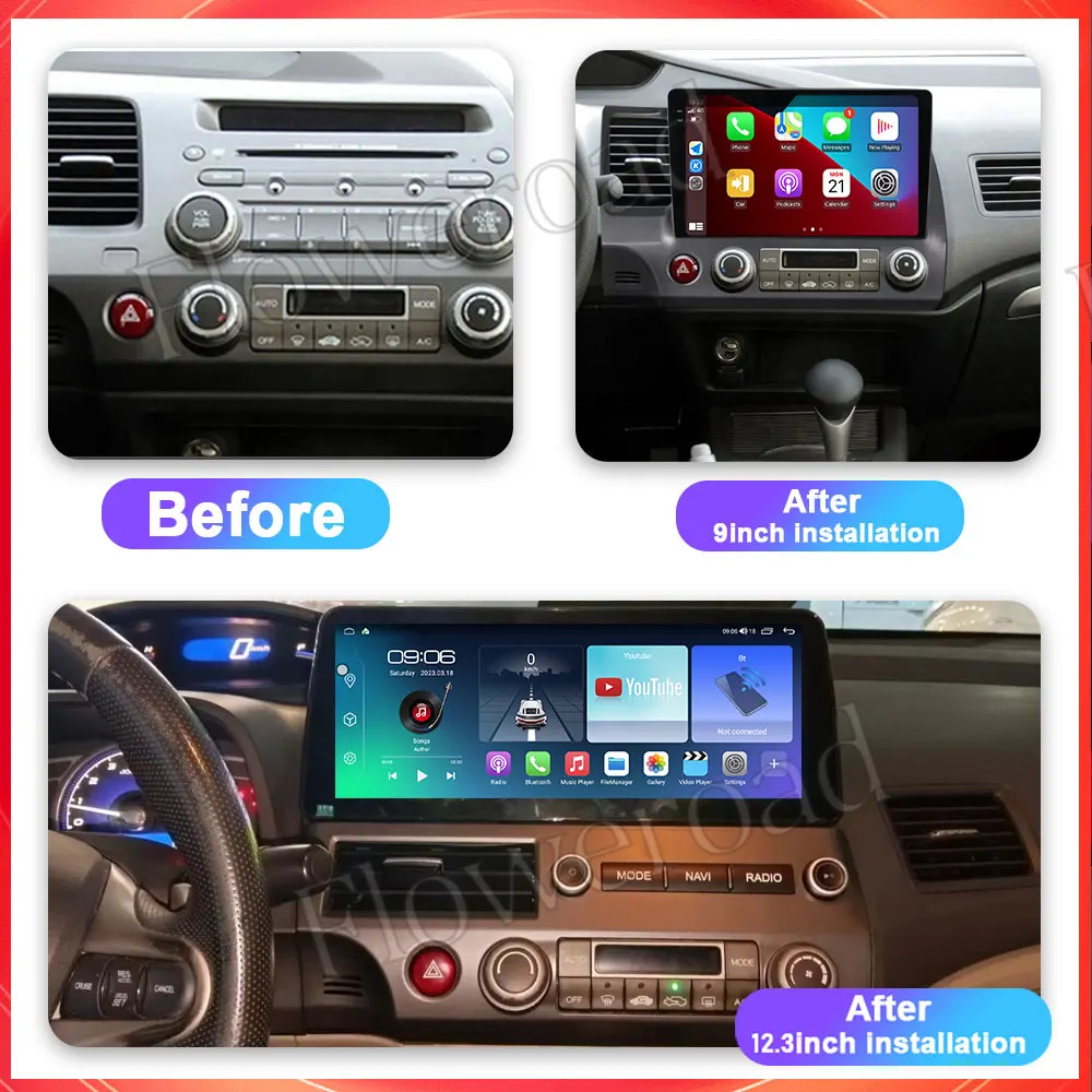 12.3 inch Android For Honda Civic 2006 - 2011 Android auto Car DVD Player Radio Wireless Carplay GPS Multimedia Navigation BT5.0