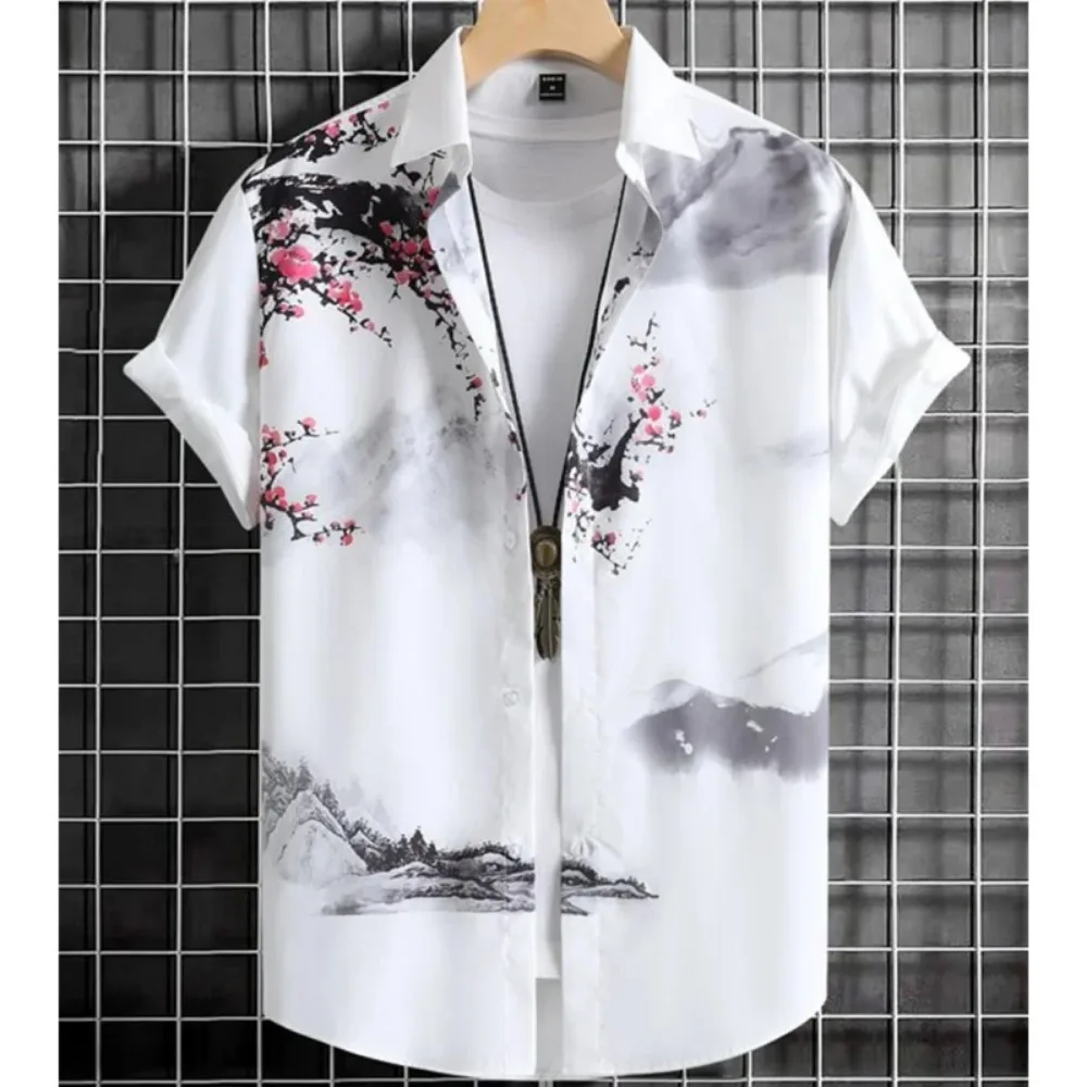 New Retro Ink-wash Landscape Plum Blossoms 3D Print Sport Breath Quic-dry Men Shirt Outdoor Fashion Street Casual Vacation Shirt