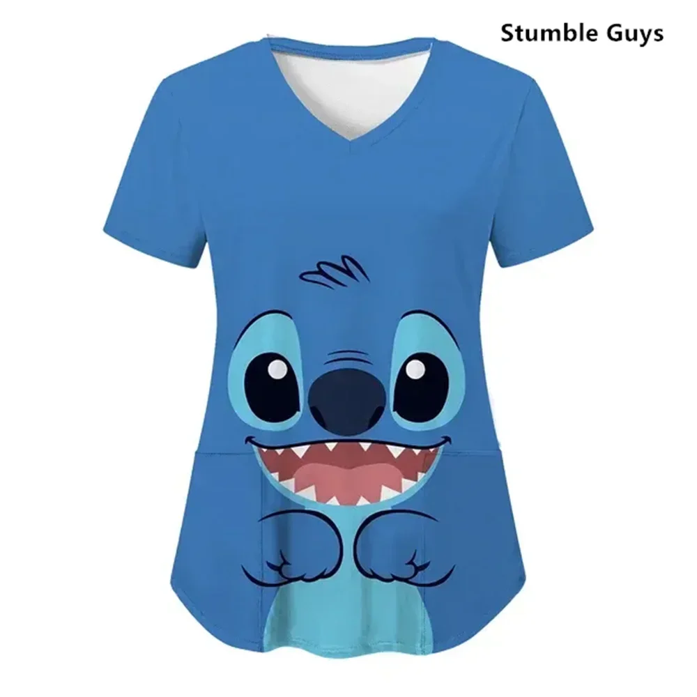 

Women T Shirts V Neck Shirt Summer Stitch Nurse Uniform Tops Pocket Top 2024 Hospital T-shirts Disney Woman Clothes T-shirt Tees