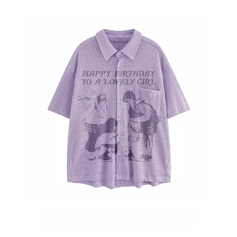 2026 Summer New Men's American Vintage Style Apricot Purple Letter Figure Print Loose Casual Short Sleeve Shirt