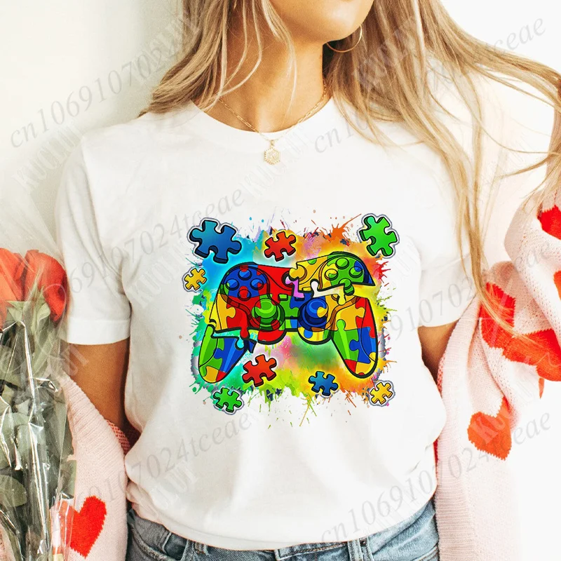 Autism Awareness Video Game Controller Women T-Shirt Autism Awareness Month Graphic T Shirts Summer Harajuku Short Sleeve Tops