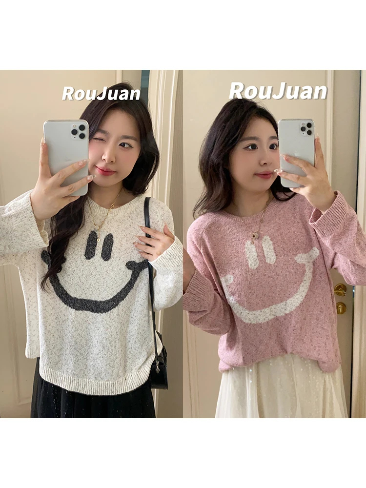 

Slimming Face Knitted Top Loose Fit Casual Sle Thin Autumn Wear for plus Size Women Anti-Aging Trendy Polyester Blend