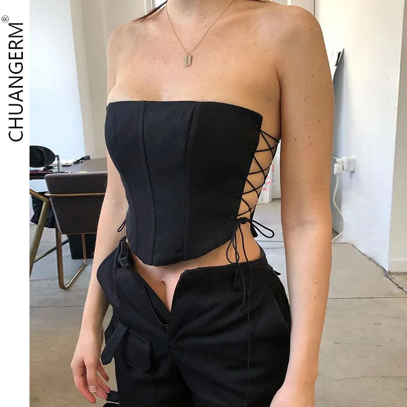 

CHUANGERM Sexy Lace Up Off Shoulder Strapless Bustier Corset Crop Tops for Women Blackless Sleeveless Vest Top Cropped Camisole