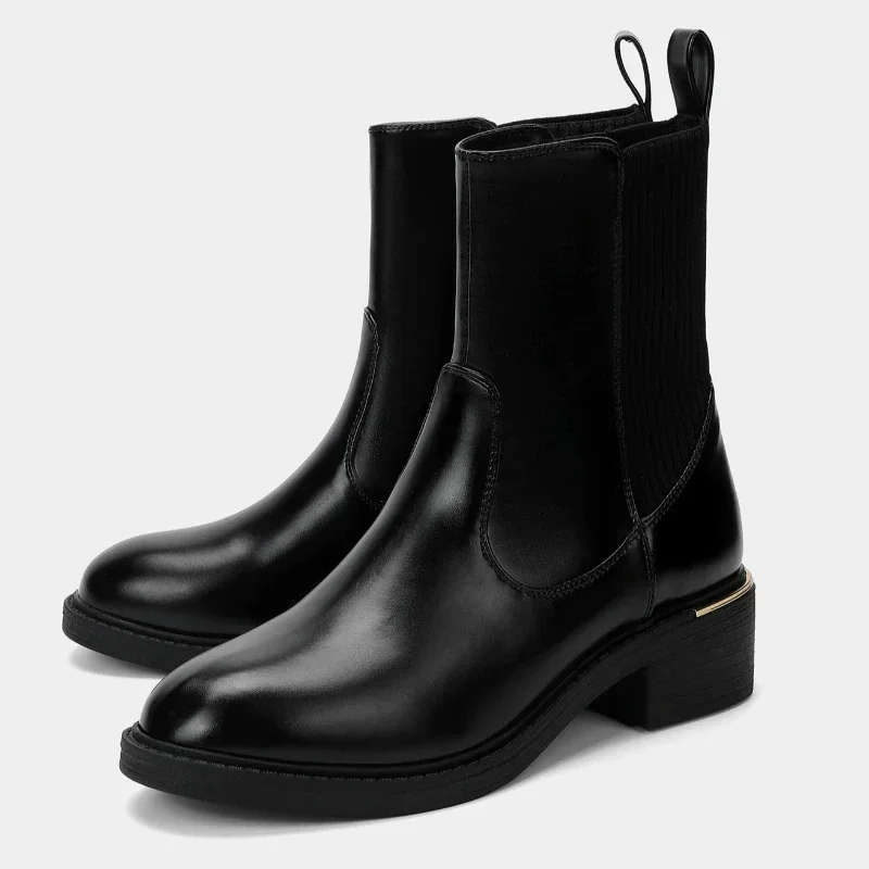 

Winter Chunky Heel Chelsea Boots Women Black Slip-on Concise Short Boots Ladies Fashion Round Toe Leather Ankle Boots Women