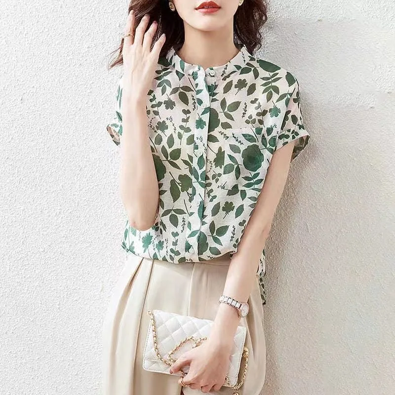 Women Summer Style Chiffon Blouses Tops Lady Casual Short Sleeve Stand Collar Flower Printed Blusas Tops SP1498