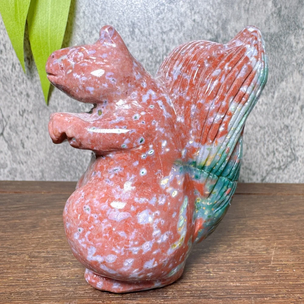Natural Ocean Jasper Squirrel Carving Healing Stone Tabletop Ornament Reiki Collection Home Decor Gift - Energy Healing