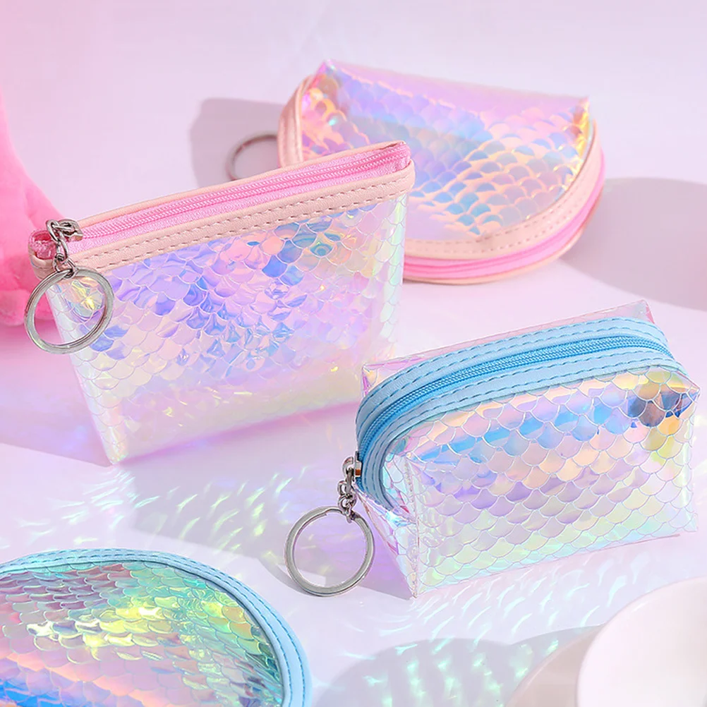

3Pcs Holographic Coin Purse Shiny Tpu Fish Scales Pattern Waterproof Mini Wallet for Cards Cash Lipstick Id Small Cellphone