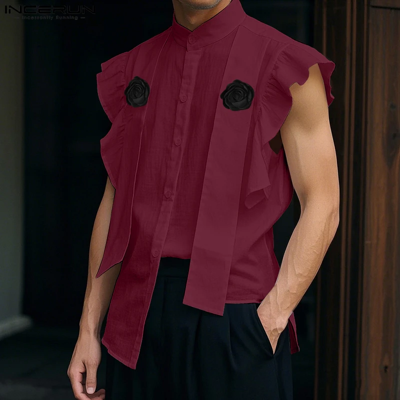 

INCERUN Men Shirt Summer Flower Patchwork Stand Collar Sleeveless Male Shirts Streetwear Ruffle Fashion Casual Men Clothing Tops