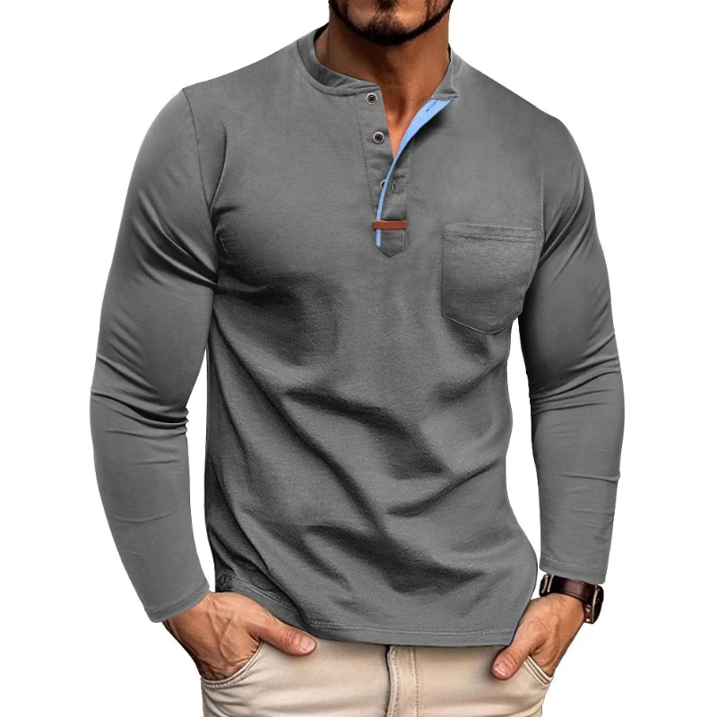 Men's clothing long-sleeved Henry shirt casual round-neck t-shirt multi-color top T-shirt pocket daily comfortable cotton shirt