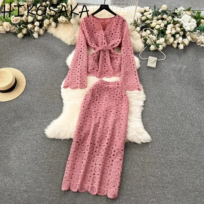 Elegant Vintage Lace Hook Flower Dress Two Piece Sets Slim Waist Long Sleeve Shirts High Waist Package Hip Skirts Women Suit