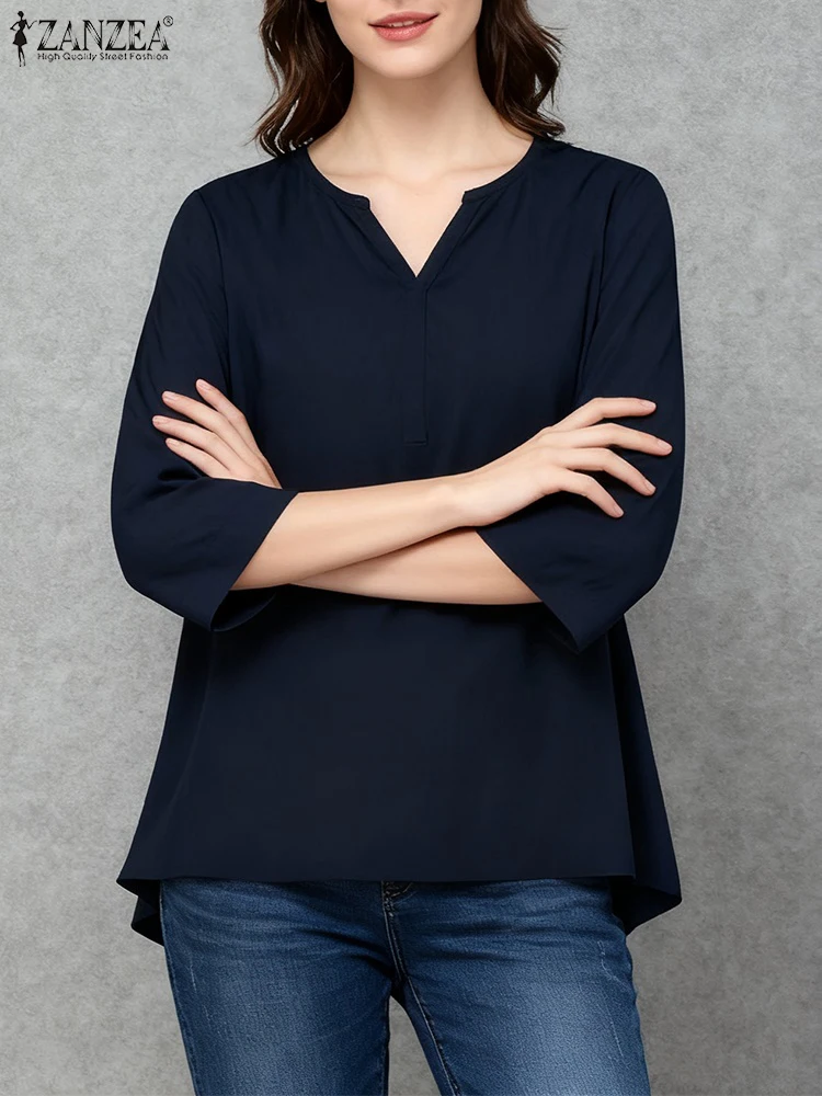 

Women Blouse ZANZEA 2026 Spring V Neck 3/4 Sleeve Tops Summer Casual Solid Loose Shirt Elegant Work Blouses Female Chemise Mujer
