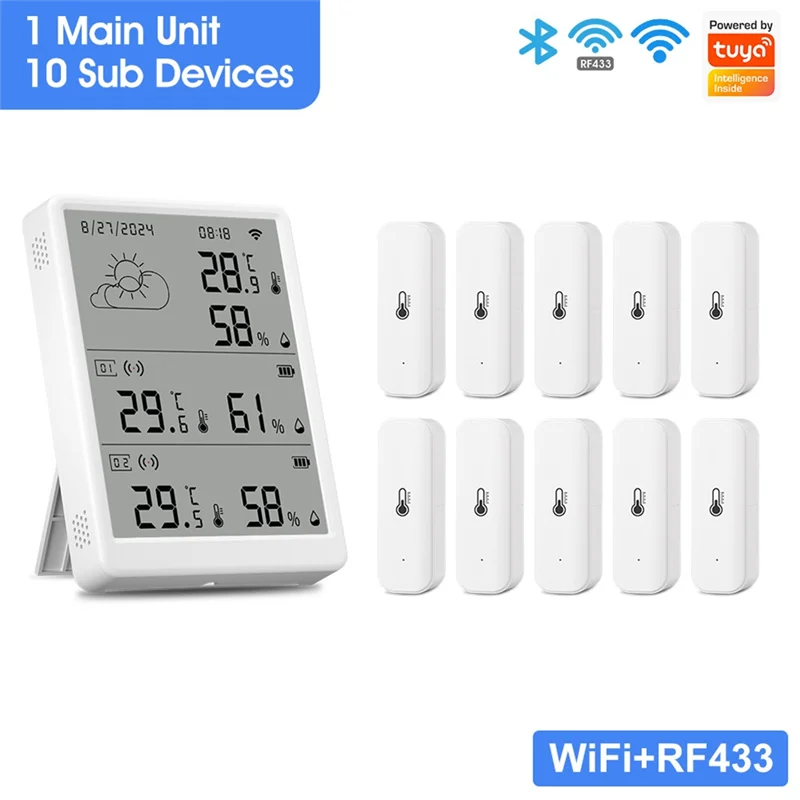 BNVN-Tuya WIFI محطة الطقس شاشة توقعات رقمية 10 Wifi + RF433 أجهزة استشعار ميزان الحرارة الرطوبة دعم التحكم الصوتي