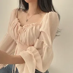 French Style Blouses for Women Prevalent Solid Flare Sleeve Thin V-neck Lace-up Design Slim Sexy Girls Spring Autumn New Simple