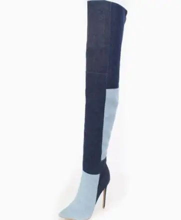Blue Two‑Tone Denim Over The Knee Boots Women Color Block Spliced Pointed Toe Thin Heels Turn‑Down Cuff Fashion Party Long Boots view 4