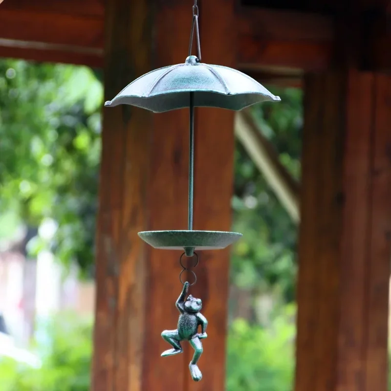 Antique Green Cast Iron Bird Feeder Hanging Umbrella Frog With Chain For Home Garden Outdoor Decoration Hand Crafted Bird Bath