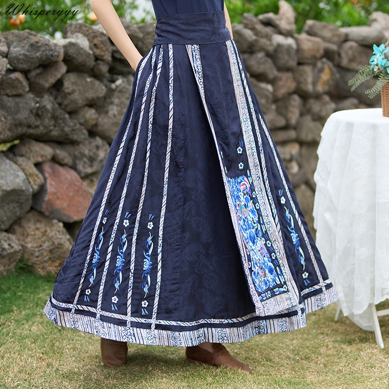 Embroidery Hanfu Skirt Women Improvement Daily Horse-face Skirt Pleated Chinese Style Mid-length High-waisted A-line Skirt