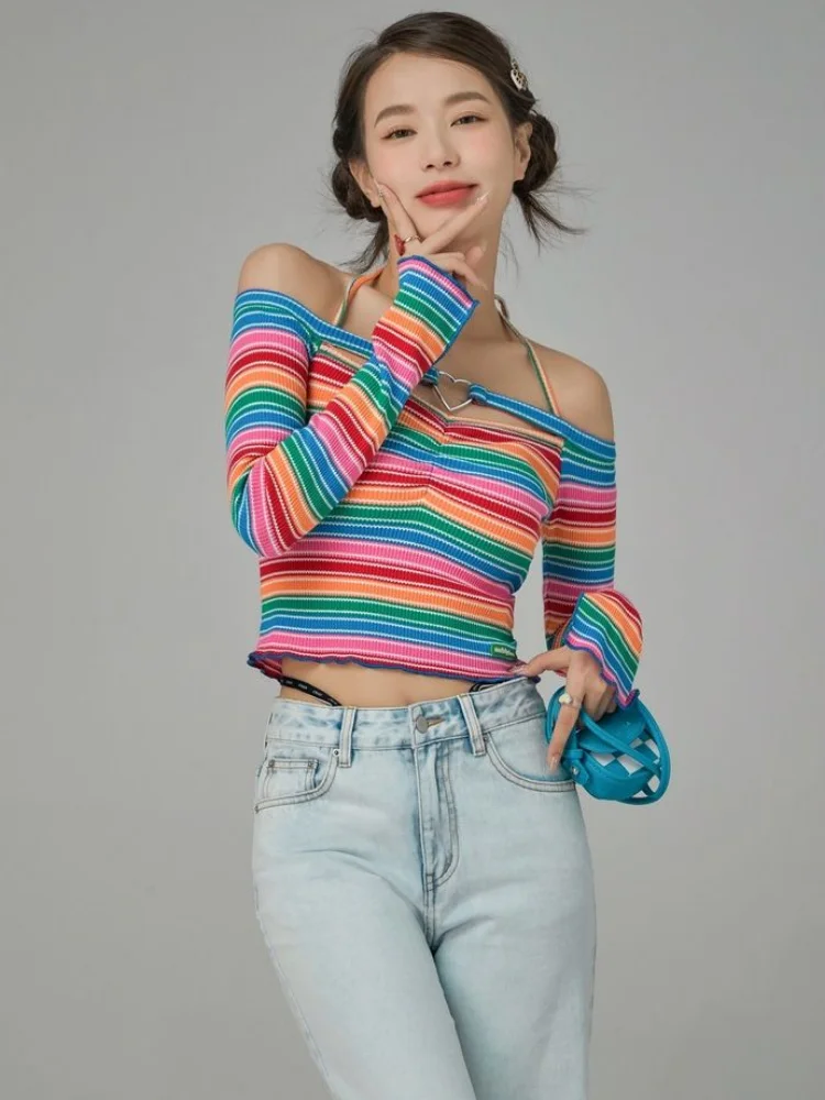 Harajuku Rainbow Striped Slim T-shirts Casual Slash Neck  Hollow Out Cropped Tops Women Long Sleeve Sexy Y2k Aesthetic Tees