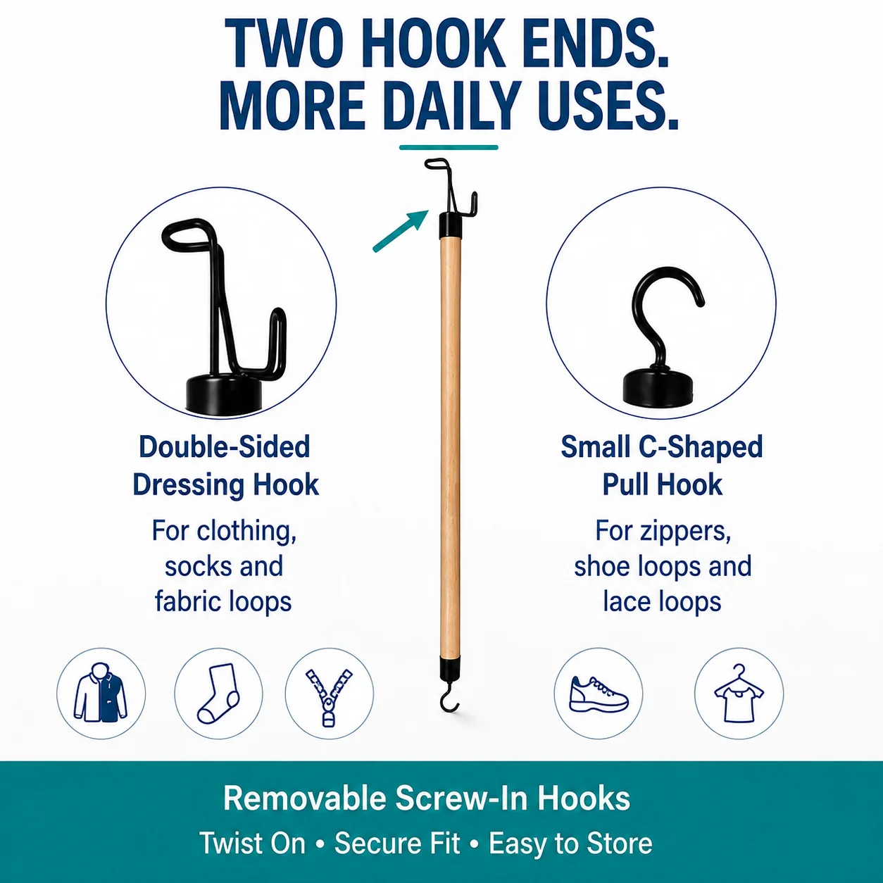 2-in-1 Dressing Stick with Shoe Horn & Sock Aid Detachable Wooden Dressing Stick Mobility Aid for Elderly, Post-Surgery Recovery view 3
