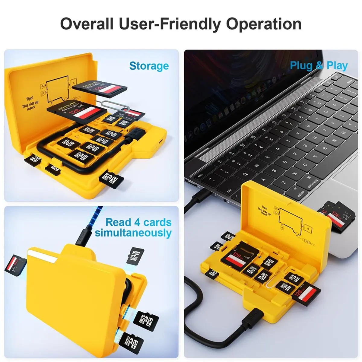 Memory Card Reader: Read and Write 4 Cards Simultaneously with A 15-Slot Folder-Style Storage Case, for USB Type-C