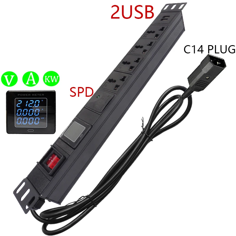 

Universal SOCKET 4AC outlets 2USB PDU And electric current Voltage power Digital display meter UK US Israel EU C14 PLUG