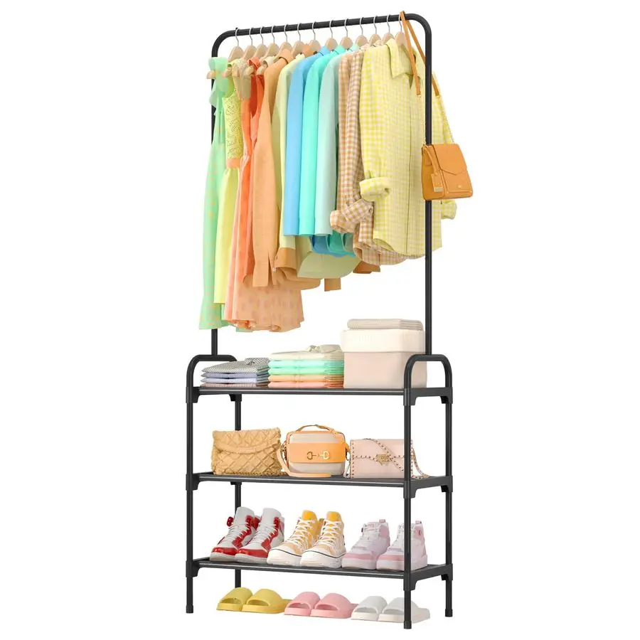 

Полка для одежды с 3-уровневой полкой для обуви и противоскользящей пробкой, органайзер для обуви для прихожей, спальни или прачечной, черный, 29 12,2 6