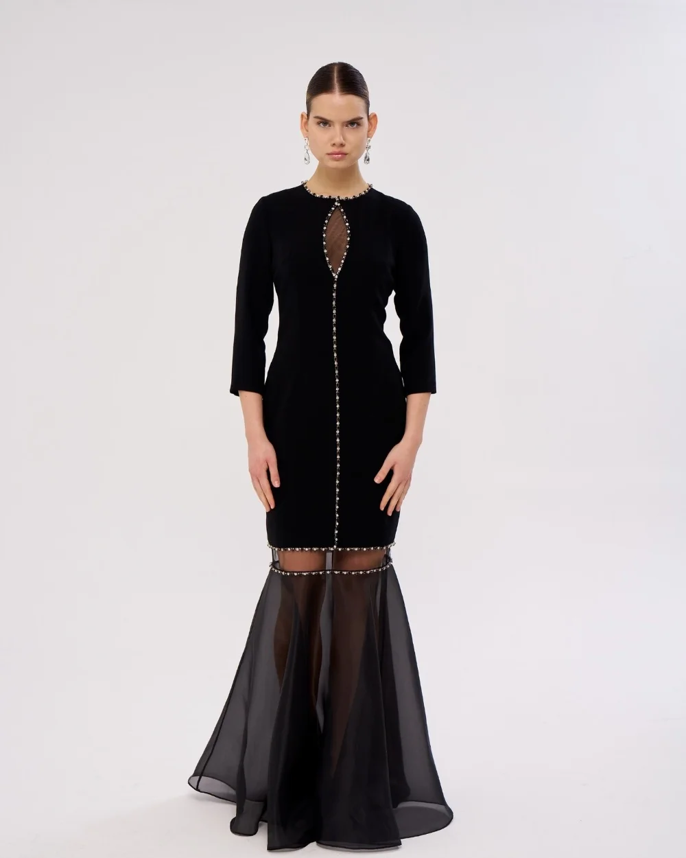 

Customized Black Modest Sizes Available Jersey Rhinestone Beading Mermaid High Collar Floor-Length Evening Dresses High Quality