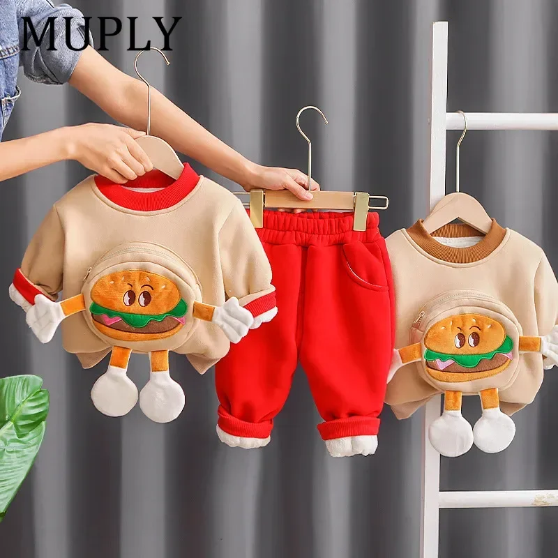 Unisex Winter Fleece Lined Thickened Burger Patterned Sweatshirt And Pants Children's Clothing Set for Babies And Toddlers