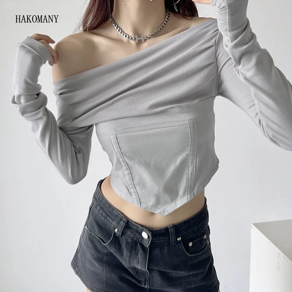 

2023 Women Patchwork Corset Style Slim T-shirt Asymmetric Tee Tank Tops Korea Sexy Ruched Slash Off Shoulder Full Sleeve T Shirt