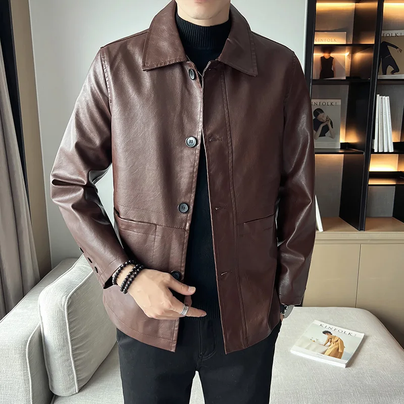 

Mens Lapel Leather Jacket Large Pocket Fashion Loose Mens Jacket Korean Style Handsome Lapel Mens Jacket Windproof Warm Jacket