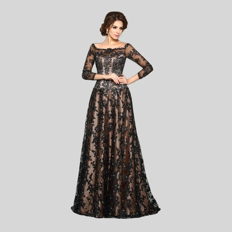 

Black Mother Of The Bride Dresses A-line 3/4 Sleeves Appliques Lace Beaded Plus Size Long Groom Mother Dresses For Wedding