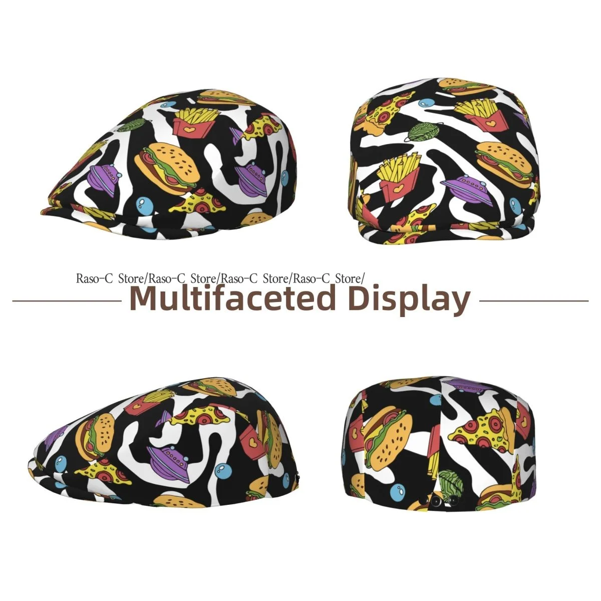 British Gatsby Newsboy Cap For Adults Cute Pizza Hamburger French Fries On 80s 90s Zebra Flat Peaked Cap Autumn Winter Beret Hat