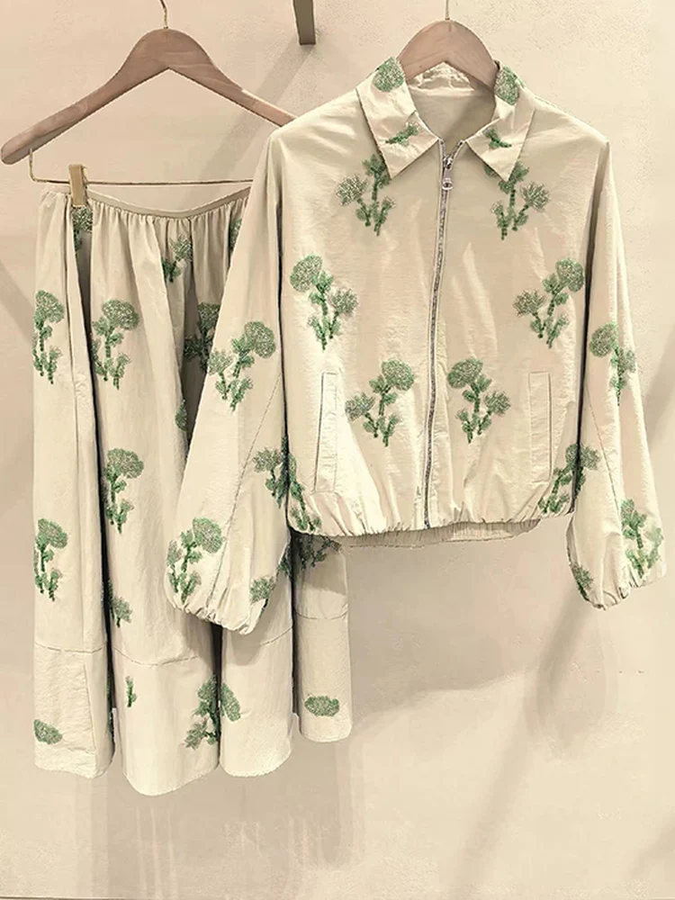 Spring Summer Fashion Floral Bead Jacket Women's Mid-Length Umbrella Skirt Set Sunscreen Collar Long Sleeve Plant Floral