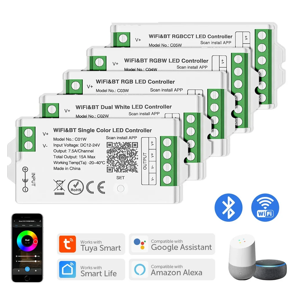 DC 12V - 24V Tuya WiFi LED Remote Controller Alexa Google Home Voice Control RGB RGBW CCT LED Strip Smart Controller APP BT RF