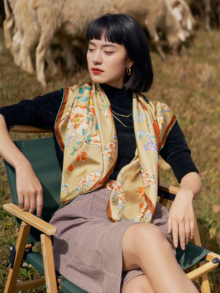

Elegant Vintage Silk Scarf Large Square Print Design Soft Floral Patterned Wrap Chic Autumn Spring Summer Fashion Accessory