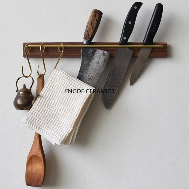 40cm Wall Mounted Wooden Knife Holder Kitchen Racks Tool Storage Rack Metal Hanging Rod Home Accessories, Holder Without Hook
