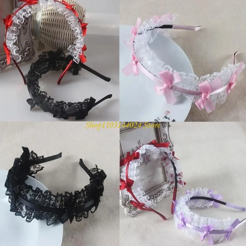 N5KE Girls Lace Hair Hoop Ribbon Bowknot Headdress Maid Cosplay Combled #3