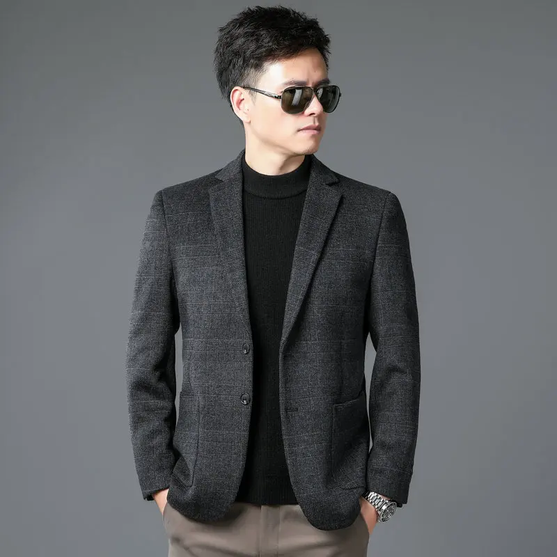 2024 Men Plaid Wool Blazers Black Gray Elegant Classical Checkered Pattern Sheep Woolen Suit Jacket Basic Timeless Attire Male