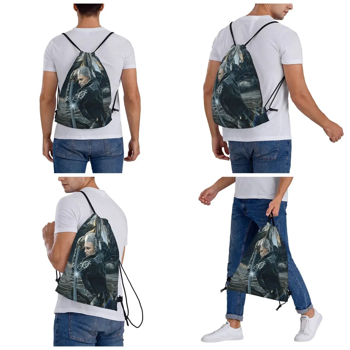 Vergil From The Devil May Cry Seri Backpacks Casual Drawstring Bundle Pocket Shoes Bag Book Bags for Man Woman Students